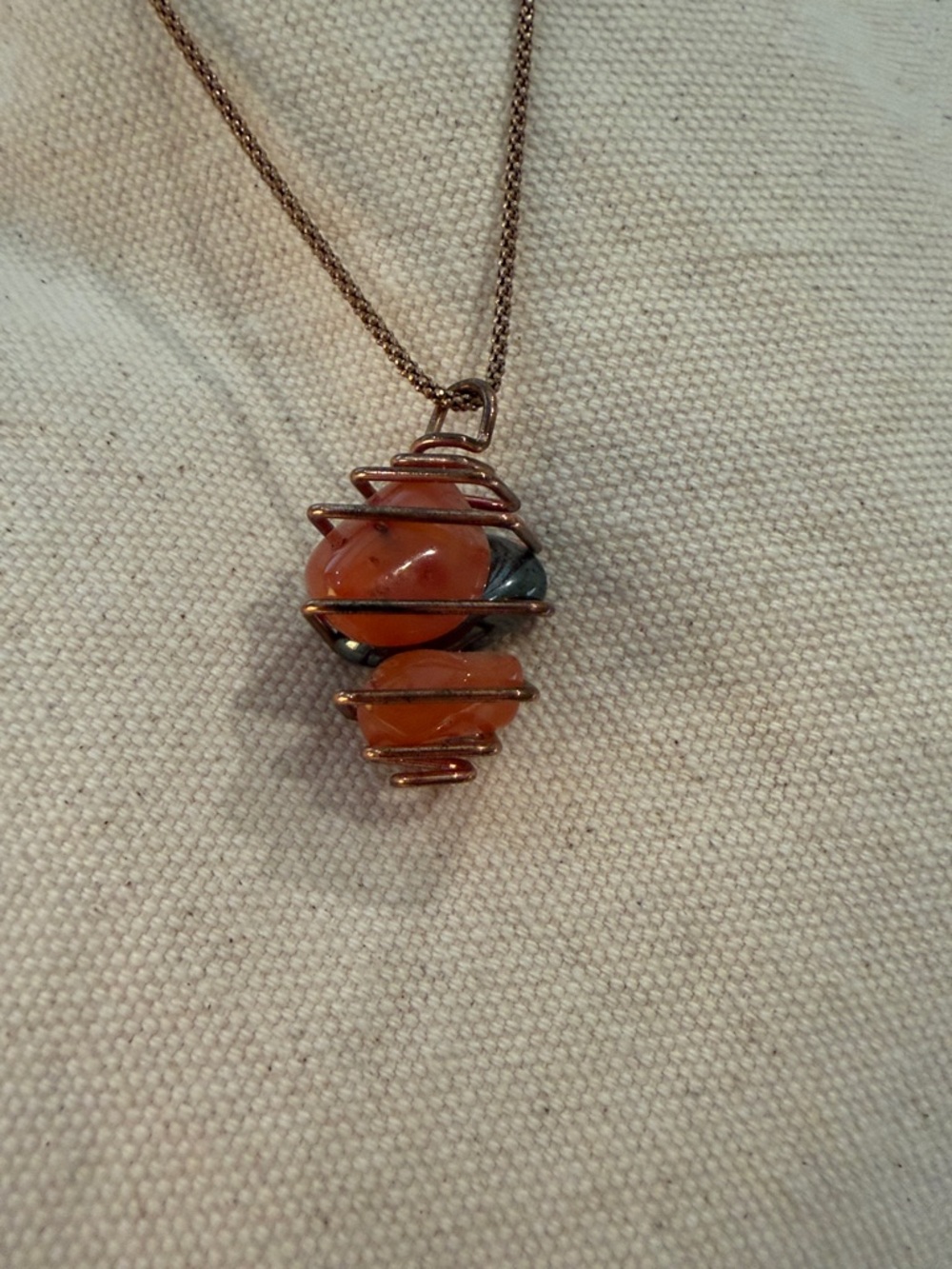 Copper Wire Wrapped Orange Gemstone Pendant Necklace